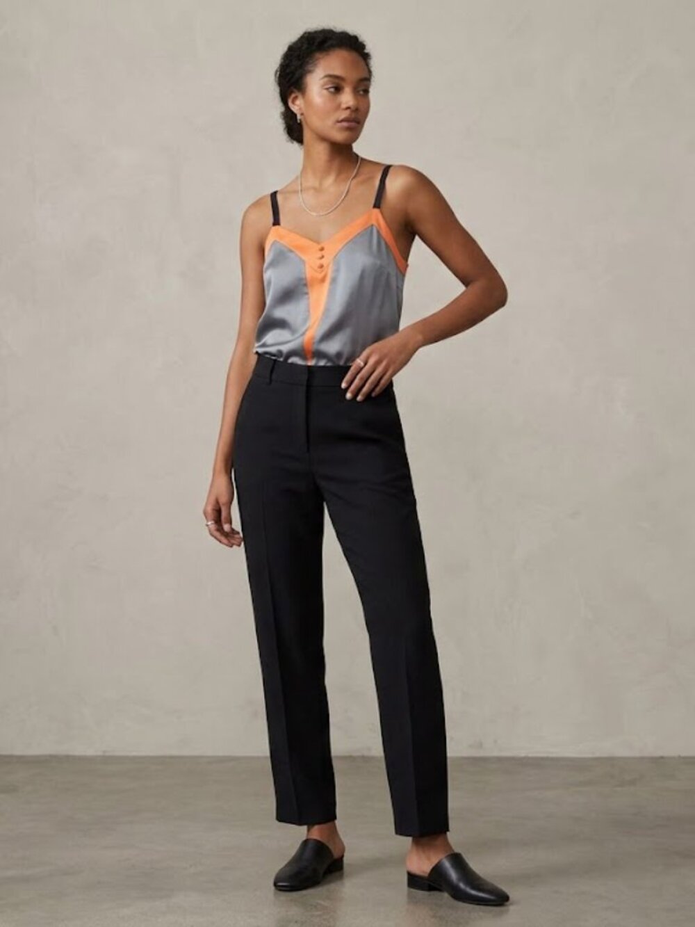 GO International Grey and Orange Colorblock Satin V-Neck Camisole Top